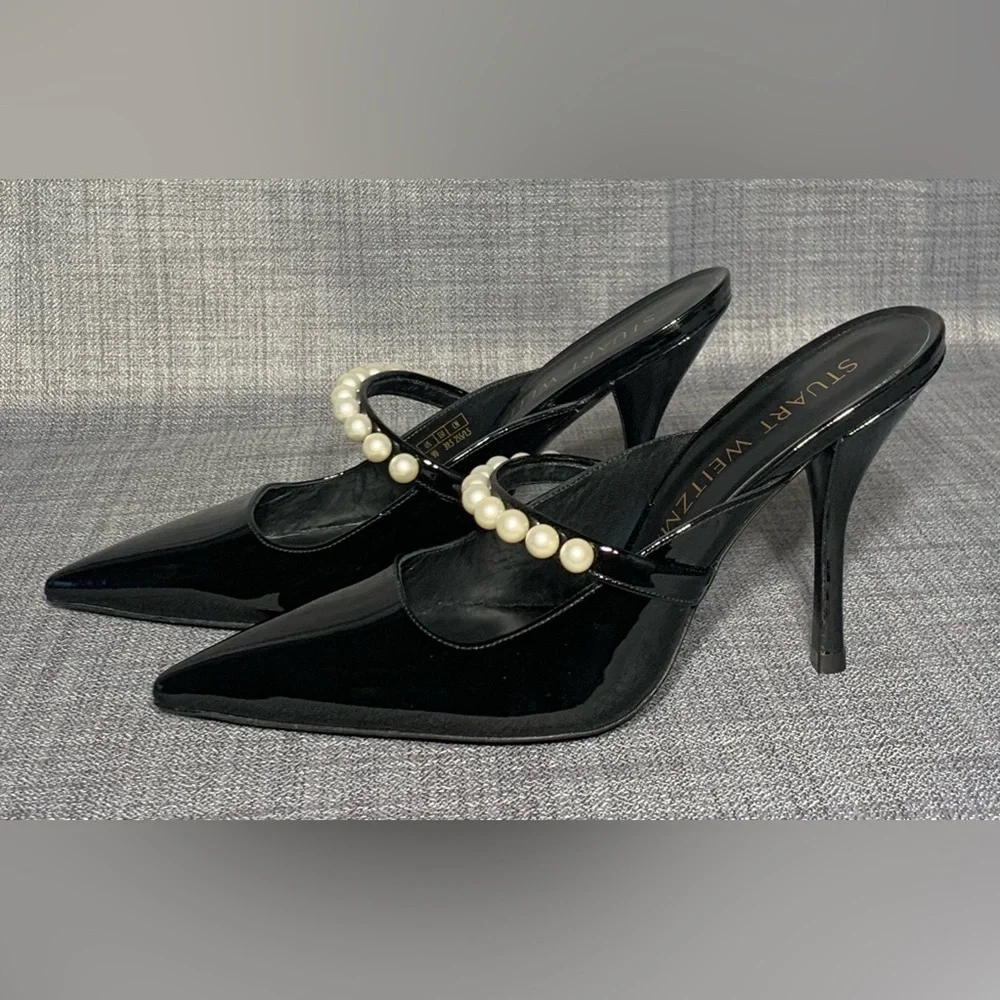 Stuart Weitzman Goldie 100 Women's Black Patent Leather Pearl Pump Mule Size 6 - Picture 4 of 8